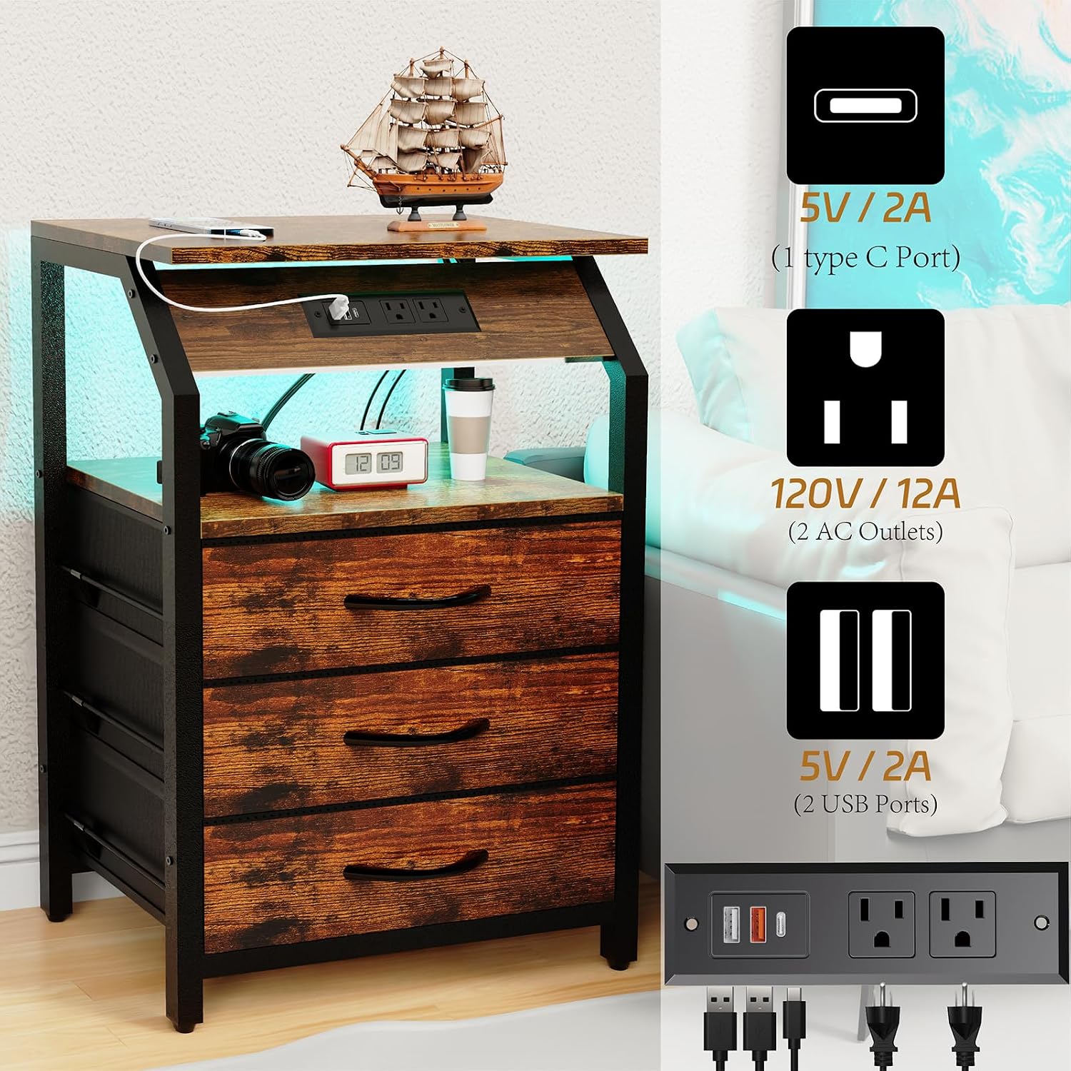 SZLHANJZ End Tables Set of 2, Nightstands with Charging Station and LED Lights, 3 Drawers Fabric Bedside Table, Storage Side Tables for Bedside, Living Room, Rustic Brown