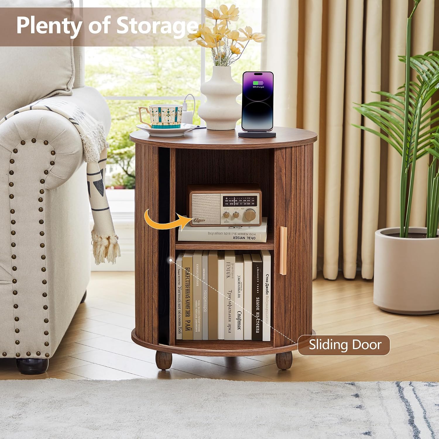 Set of 2 Fluted Round End Table with Charging Station, Small Farmhouse Sofa Side Table with Sliding Tambour Door & Storage, Mid-Century Wood Fulted Nightstands for Living Room, Bedroom (Walnut)