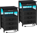 SZLHANJZ End Tables Set of 2, Nightstands with Charging Station and LED Lights, 3 Drawers Fabric Bedside Table, Storage Side Tables for Bedside, Living Room, Modern Black
