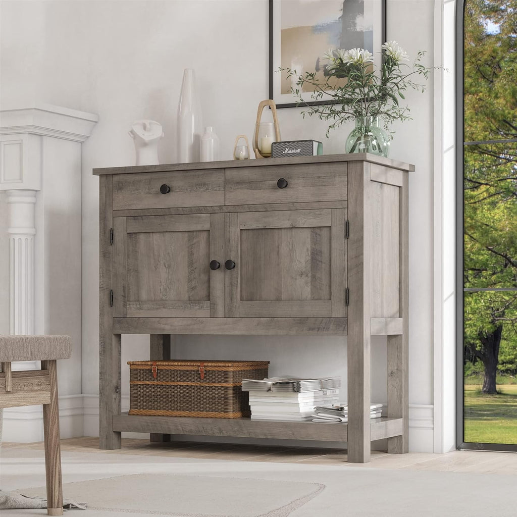 HOSTACK Farmhouse Console Table with 2-Door Cabinet & 2 Drawers, Coffee Bar, Entryway Table with Storage Shelf, Sofa Tables Buffet Sideboard for Kitchen, Hallway, Dining, Living Room, Ash Gray