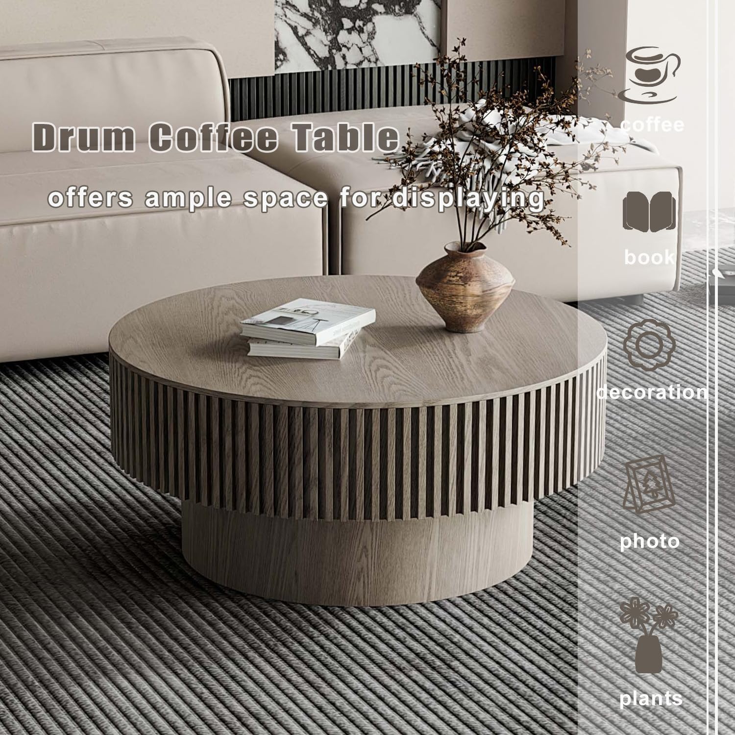 Round Coffee Table with Storage, Modern Wooden Coffee Table with Solid Wood Veneered, Circle Center Table Accent Tea Table for Living Room Apartment Small Space (31.5''L × 31.5''W × 14''H, Grey)