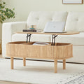 Fully Assembled Fluted Lift Top Coffee Table with Hidden Compartment, Wooden Center Table, Modern Oval Lift Tabletop for Home Living Room Office, Natural