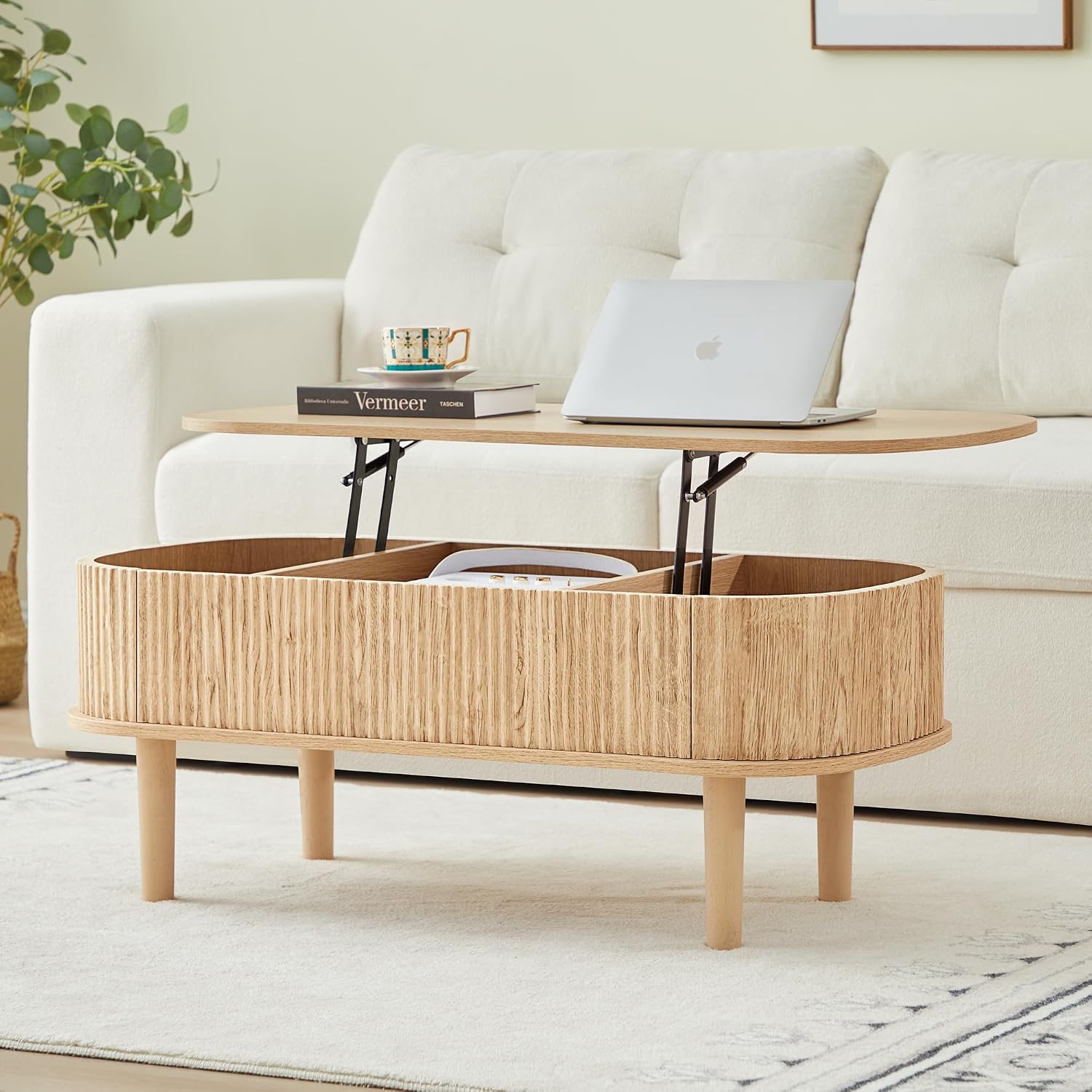 Fully Assembled Fluted Lift Top Coffee Table with Hidden Compartment, Wooden Center Table, Modern Oval Lift Tabletop for Home Living Room Office, Natural