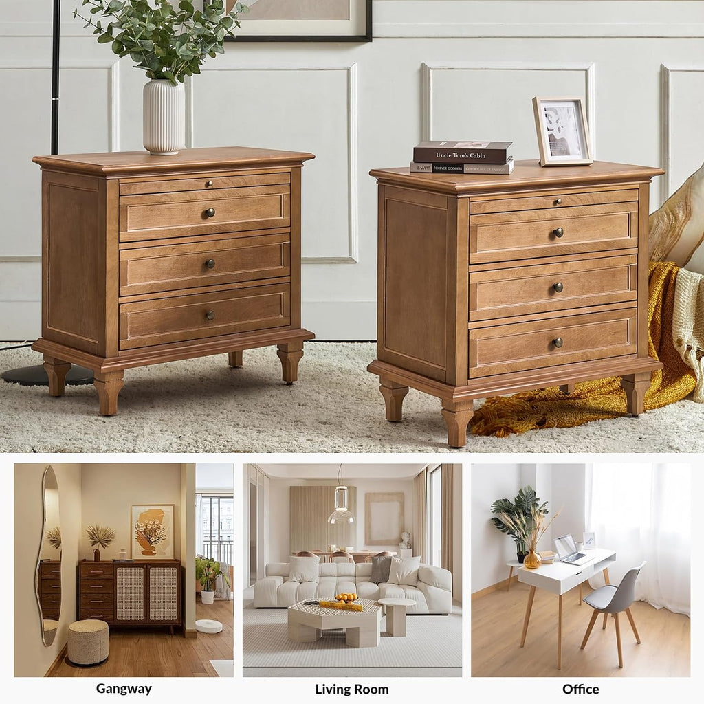 HULALA HOME End Table Set of 2 with Tray, Farmhouse 3 Drawer End Table with Solid Wood Legs, Drawer Organizer with Charging Station, Acorn