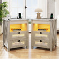Grey Night Stand Set 2 with Gun Drawer, Bedside Table with Charging Station, LED Nightstand with Human Sensor Light, Farmhouse End Table for Bedroom Living Room