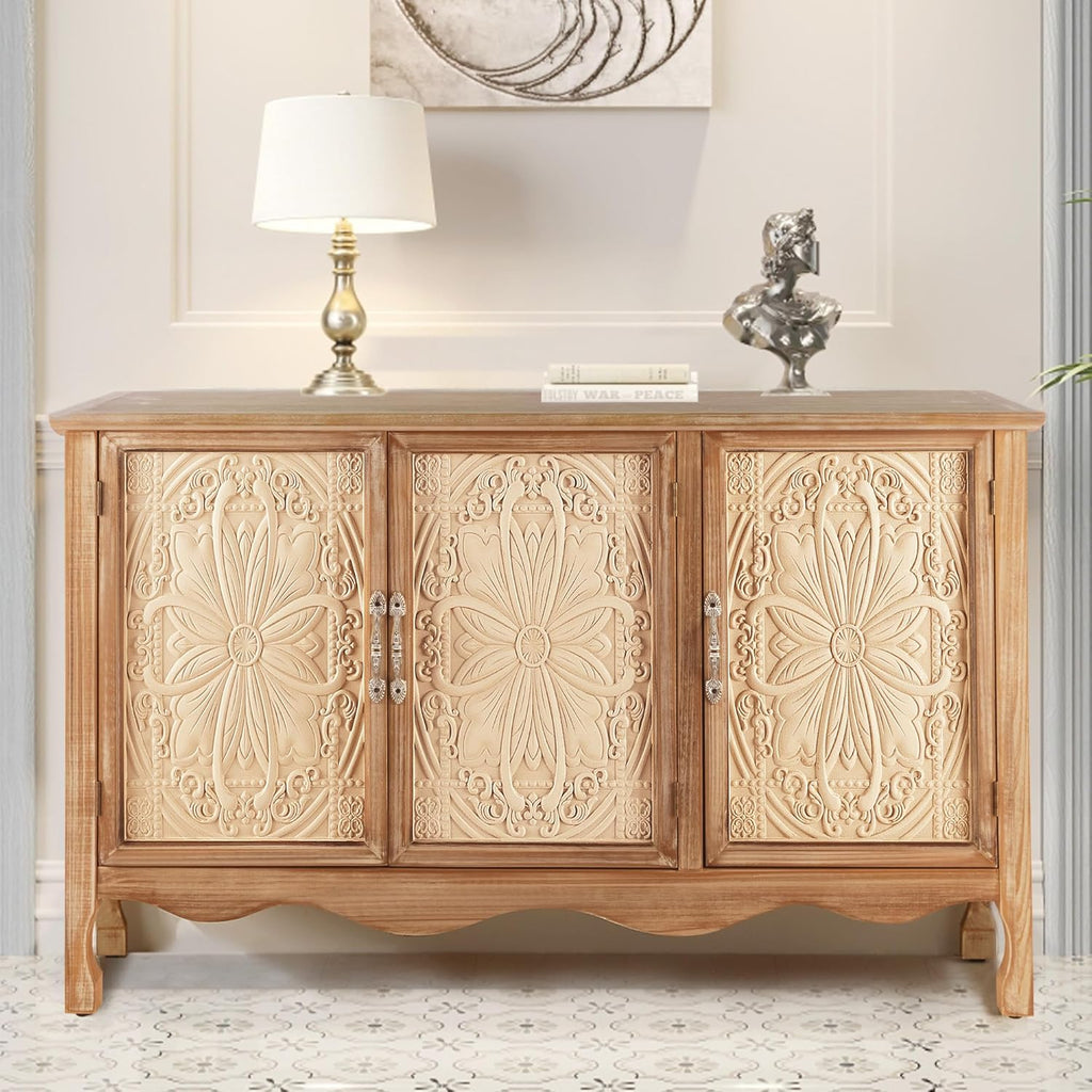 RoyalCraft Buffet Cabinet with Storage, Vintage Solid Wood Sideboard with 3 Carved Doors, Painted Coffee Bar Console Table for Dining Room, Living Room, Kitchen, Distressed Black