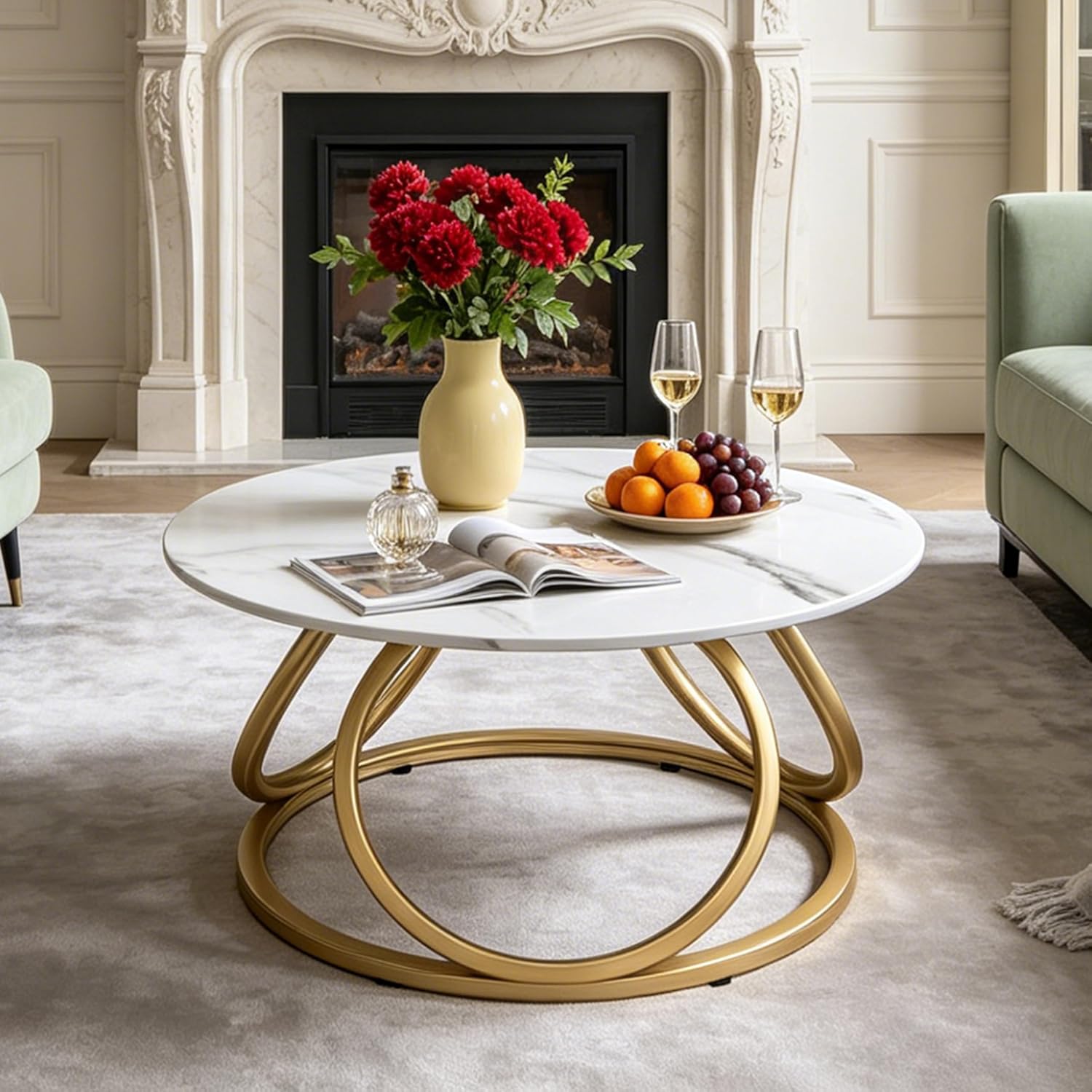 O&K FURNITURE Gold Round Coffee Table, Faux Marble Top with Veins, Modern Center Table with Gold Metal Frame, for Living Room, Home Office, 1 PC