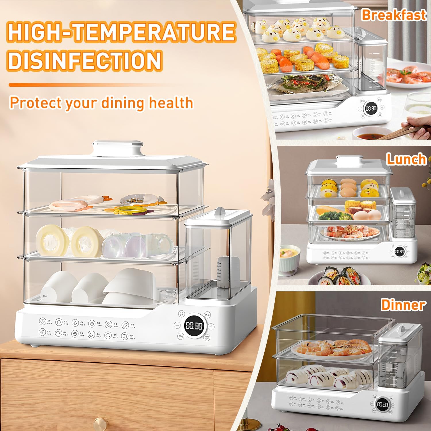 24L/25QT Electric Steamer, 3 Tier Food Steamer, Commercial Stainless Steel Steamer with Detachable Water Tank, Large Capacity Breakfast Machine with Timer, for Home, Restaurant, Party