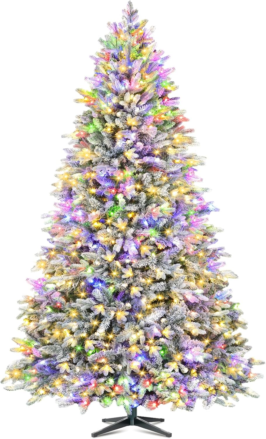 ASOMST Pre-lit Artificial Christmas Tree with Music Sync, Rotating & Foldable Stand, 9ft Snow Flocked Xmas Trees with Remote for Home Décor, 2512 Branch Tips, 600 RGB & Warm White Light
