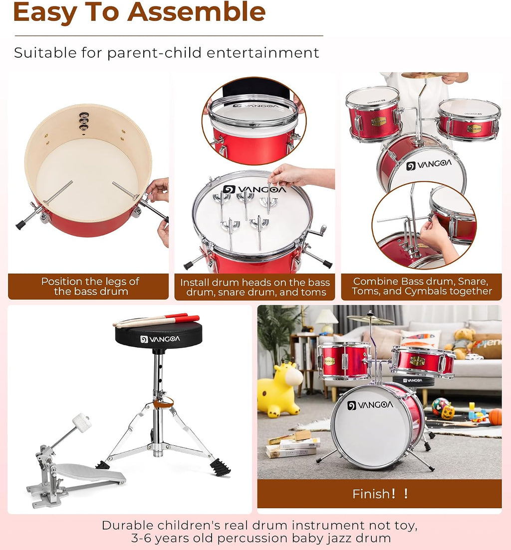 Kids Drum Set Vangoa 3-Piece Beginner, 14' Junior Drums Kit w/Bass Tom Snare drum, Adjustable Throne Cymbal Pedal & Drumsticks, Complete Starter Drumset Full Bundle for Children Boys Ages 3-12