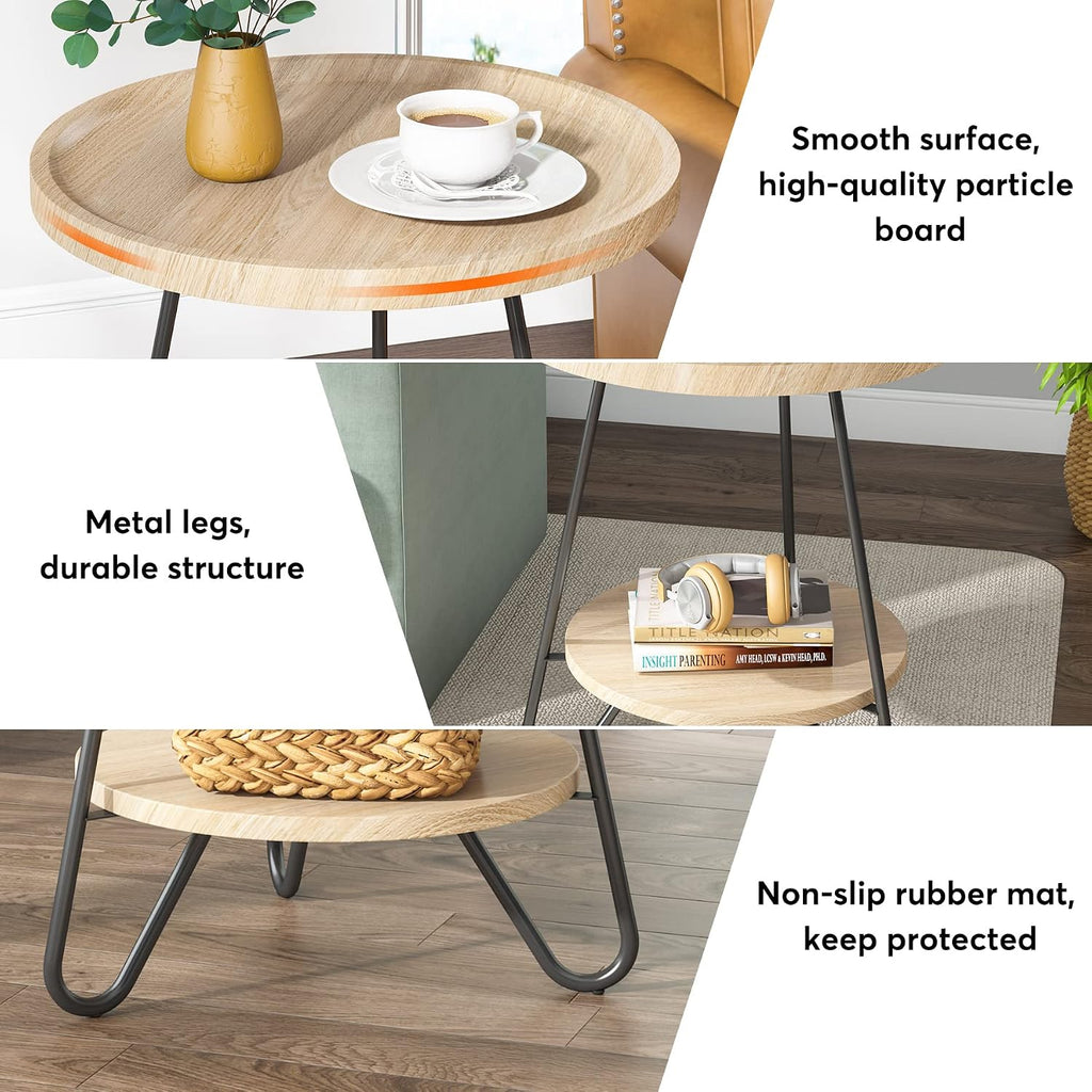Tribesigns Set of 2 Round Side Table, 2-Tier End Table with Metal Legs, Modern Industrial Beside Table, Small Accent Table Snack Table for Living Room, Bedroom, Small Space, Wood Color