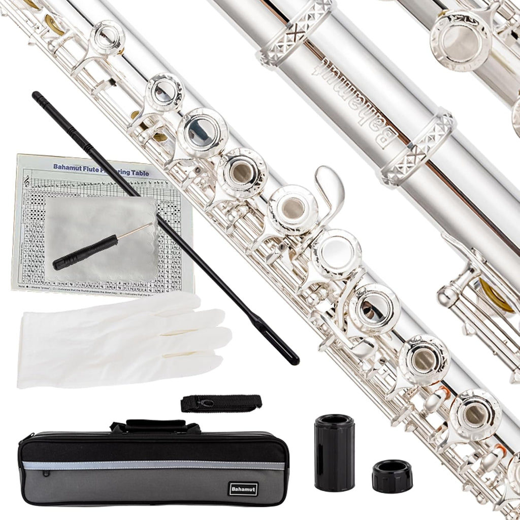 BAHAMUT Silver-Plated Carving B Foot Flute, 17 Open Hole Flauta with Offset G, Split E Mechanism, 17 Key Flute Instrument for Professional Performance