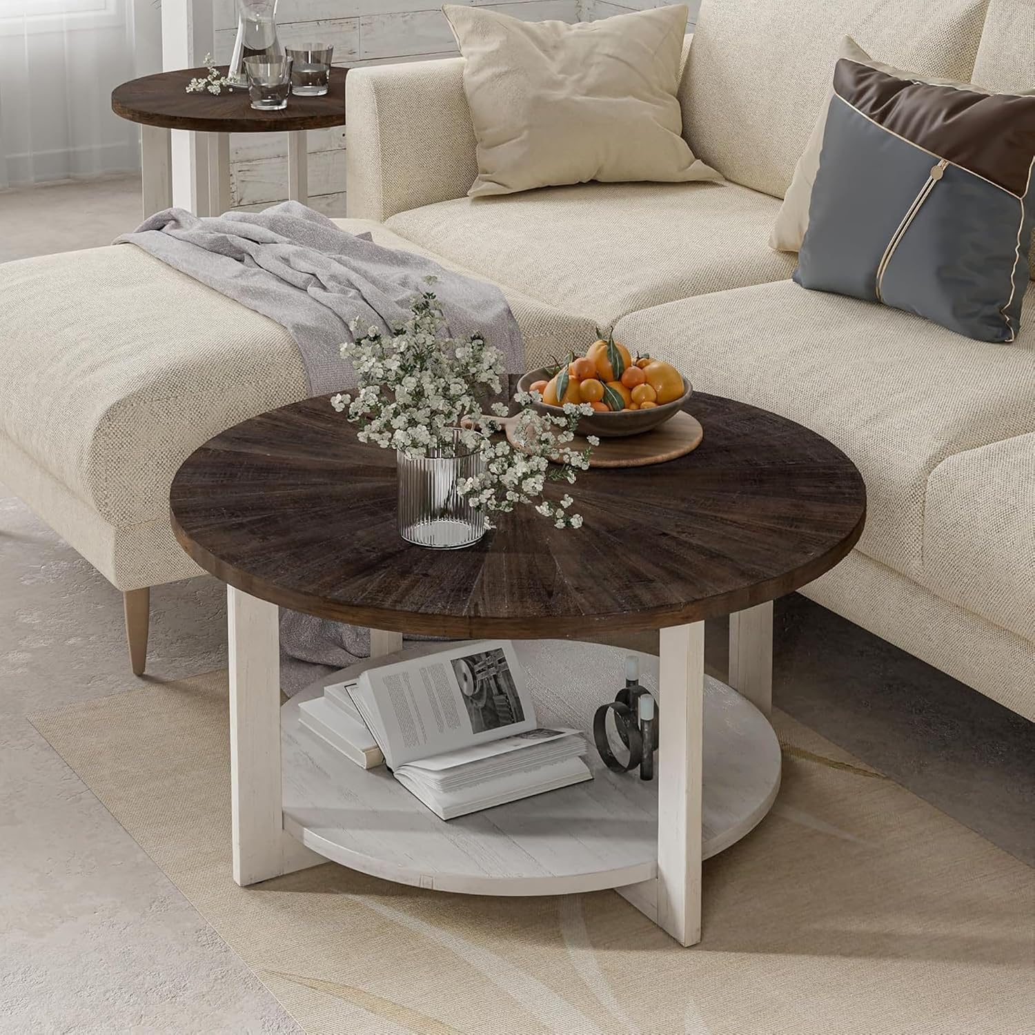 Round Wood Coffee Tables with Storage, Rustic Farmhouse Coffee Table with Distressed Wood Top, Large Circle Table for Living Room, Brown, 32Dx32Wx19.5H in