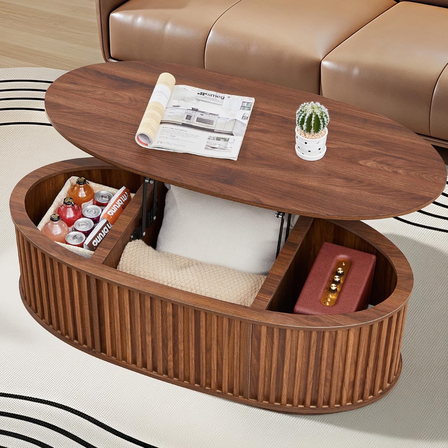 Oval Coffee Table, 43.3'' Fluted Lift Top Coffee Table with Hidden Storage Compartment, Mid Century Modern Dining Table Wooden Center Table for Living Room, Office, Small Spaces (Walnut)