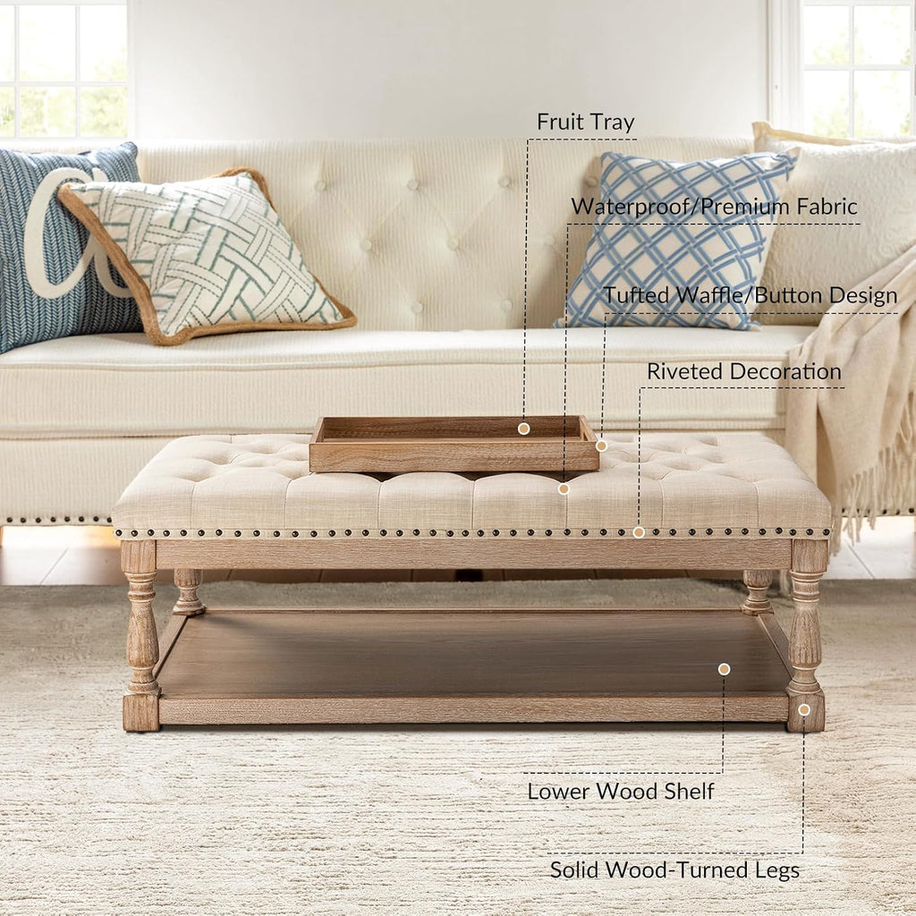 HULALA HOME Rectangle Ottoman Coffee Table with Tray, Tufted Living Room Ottoman with Solid Wood Storage Shelf, Linen