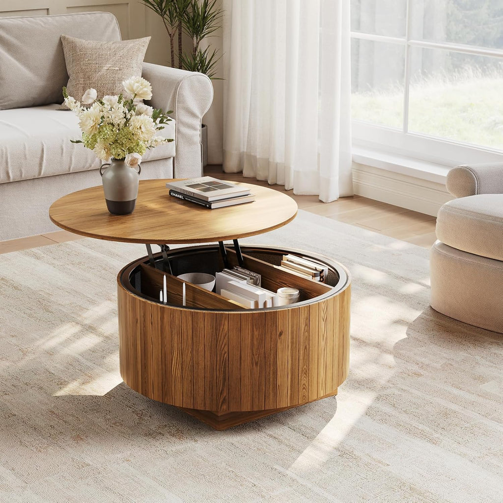 kepptory Round Lift Top Coffee Table with LED Lights, Mid Century Modern Wooden Coffee Tables with 3 Storage Space, Circle Center Table for Living Rooms,Dining Room,Bedroom Home Office,APP LED Lights