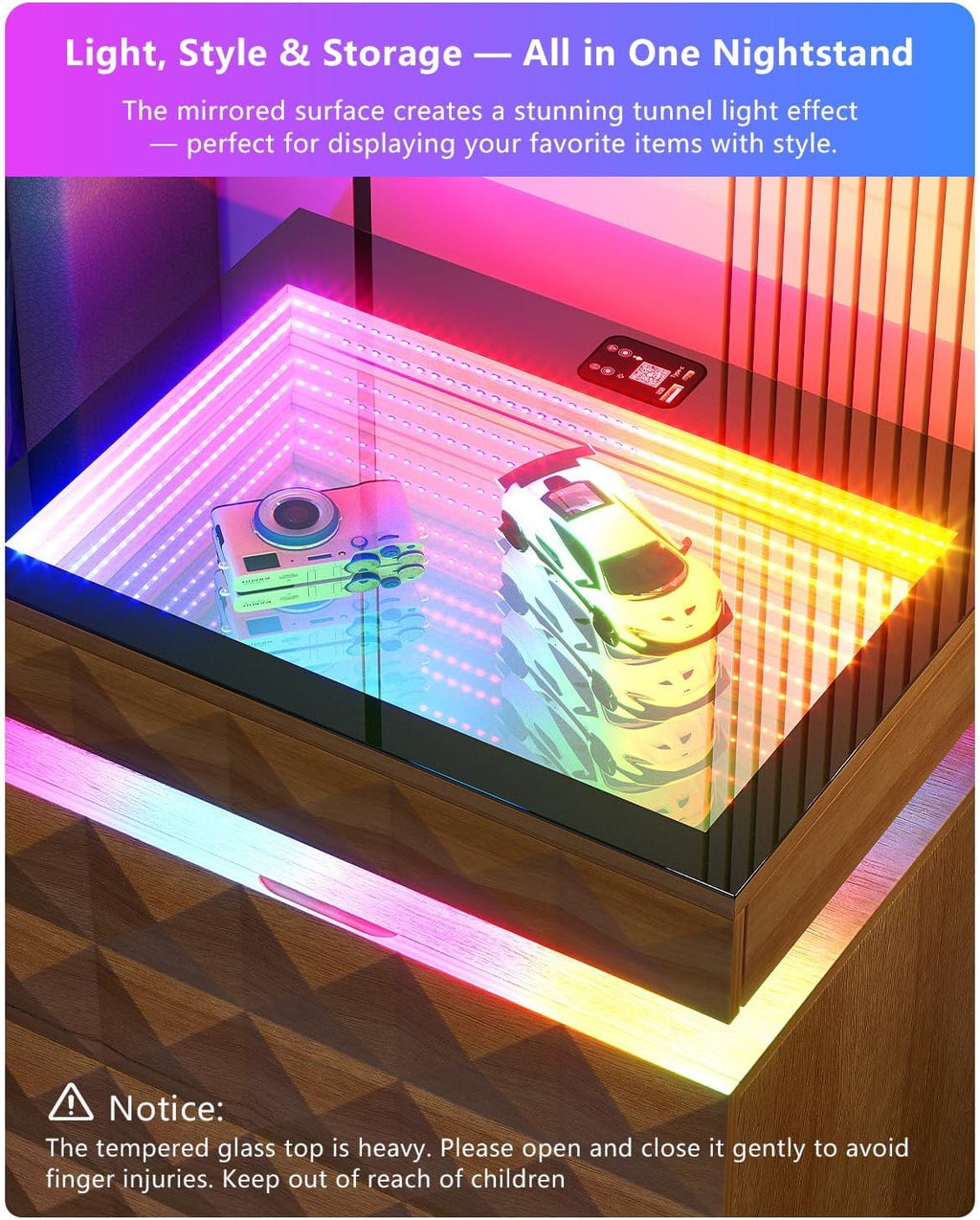 Wood Night Stand with Charger Station & RGB Lights, LED Bedside Table with Tempered Glass, Sliding Top, 3 Drawers and Hidden Storage, End Side Table for Bedroom Livingroom