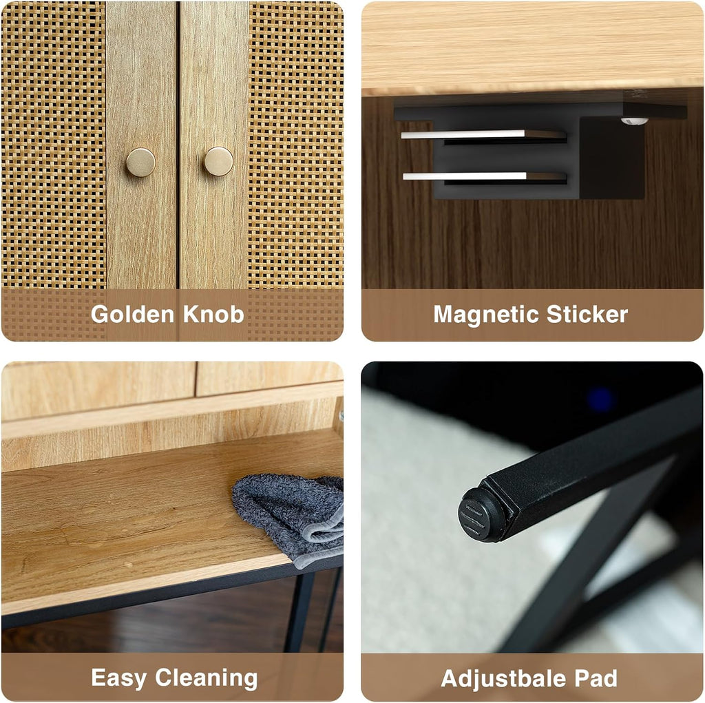 FiveWillowise Rattan Toilet Storage Cabinet, Over The Rack Wood Cabinet with Metal Stand, Bathroom Organizer with Adjustable Shelf, Tall Freestanding Washer Shelf, Small Cupboard, Natural