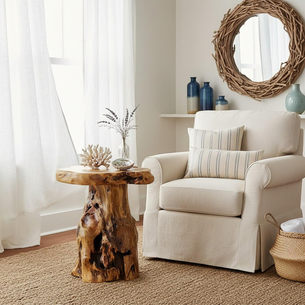 WELLAND Natural Tree Stump Stool, 19'' Tall Side Table, Live Edge End Table, Natural Edge Accent Table, Plant Stand for Living Room, Bedroom