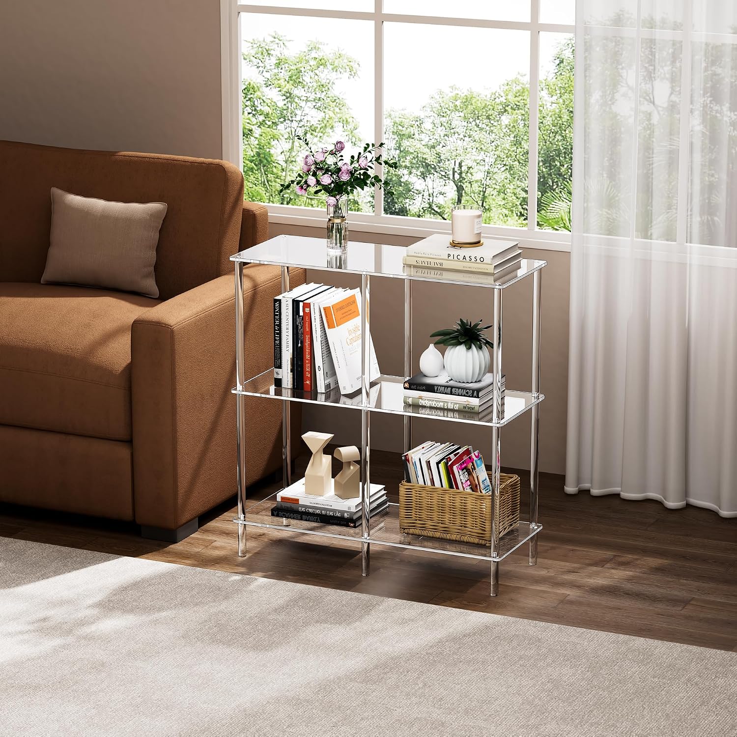 Acrylic Side Table Clear 3-Tier End Table for Living Room, Office, Hallway, Bedroom Small Bedside Table (8mm 31.7' high)