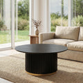Modern Round Coffee Table with Fluted Pedestal Circle Coffee Table with Faux Marble Tabletop for Bedroom,Apartment,Living Room Black