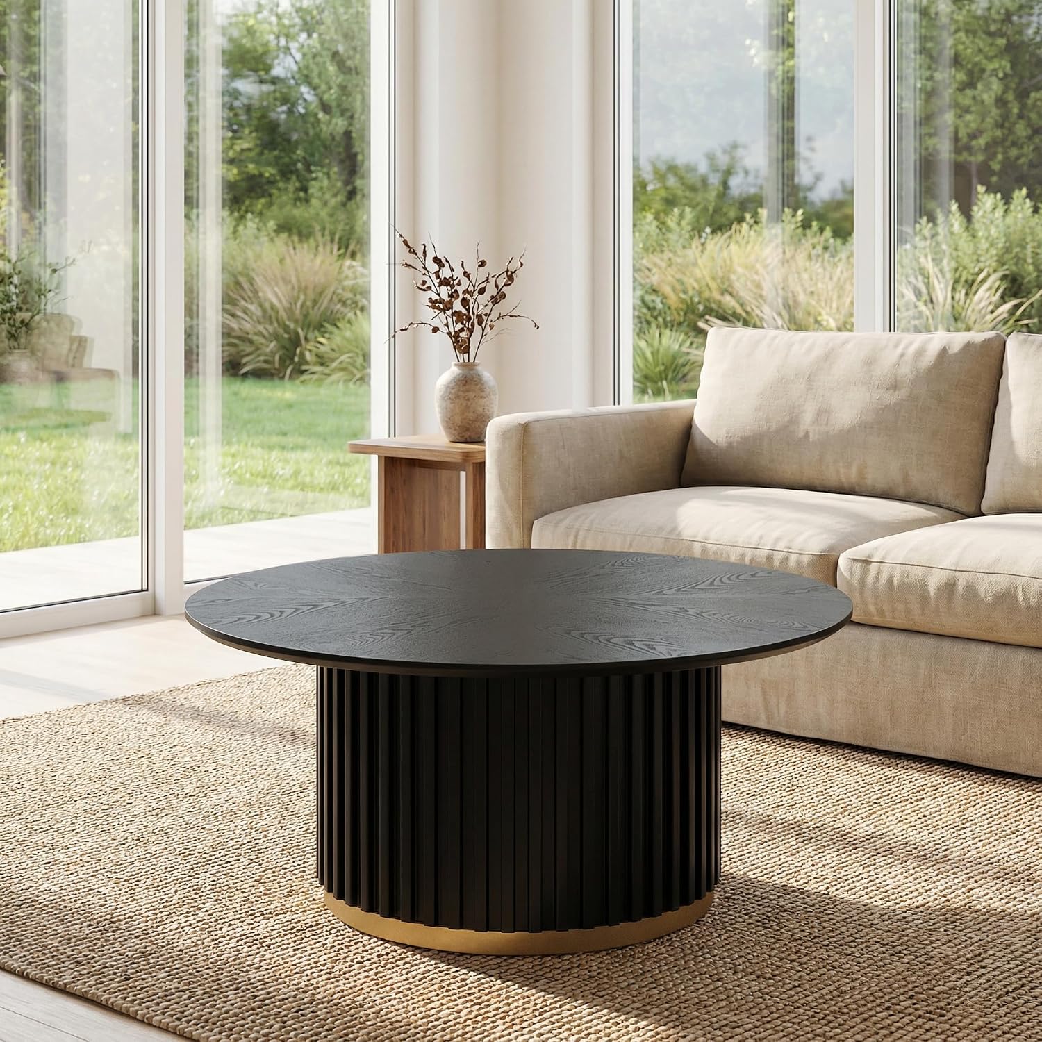Modern Round Coffee Table with Fluted Pedestal Circle Coffee Table with Faux Marble Tabletop for Bedroom,Apartment,Living Room Black
