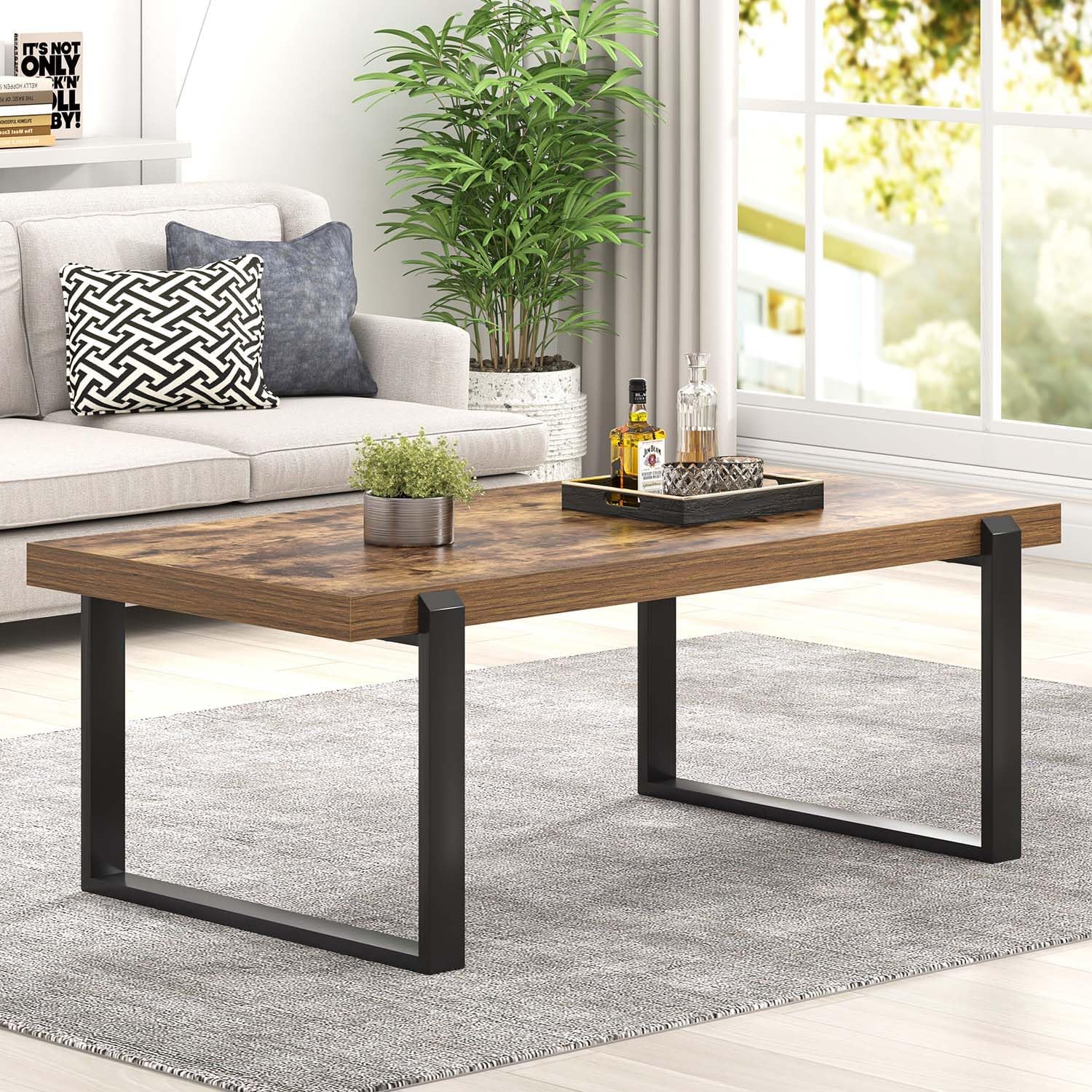 FOLUBAN Coffee Table, Modern Rustic Wood and Metal Center Table, Industrial Rectangle Cocktail Tea Table for Living Room, Brown, 47 Inch