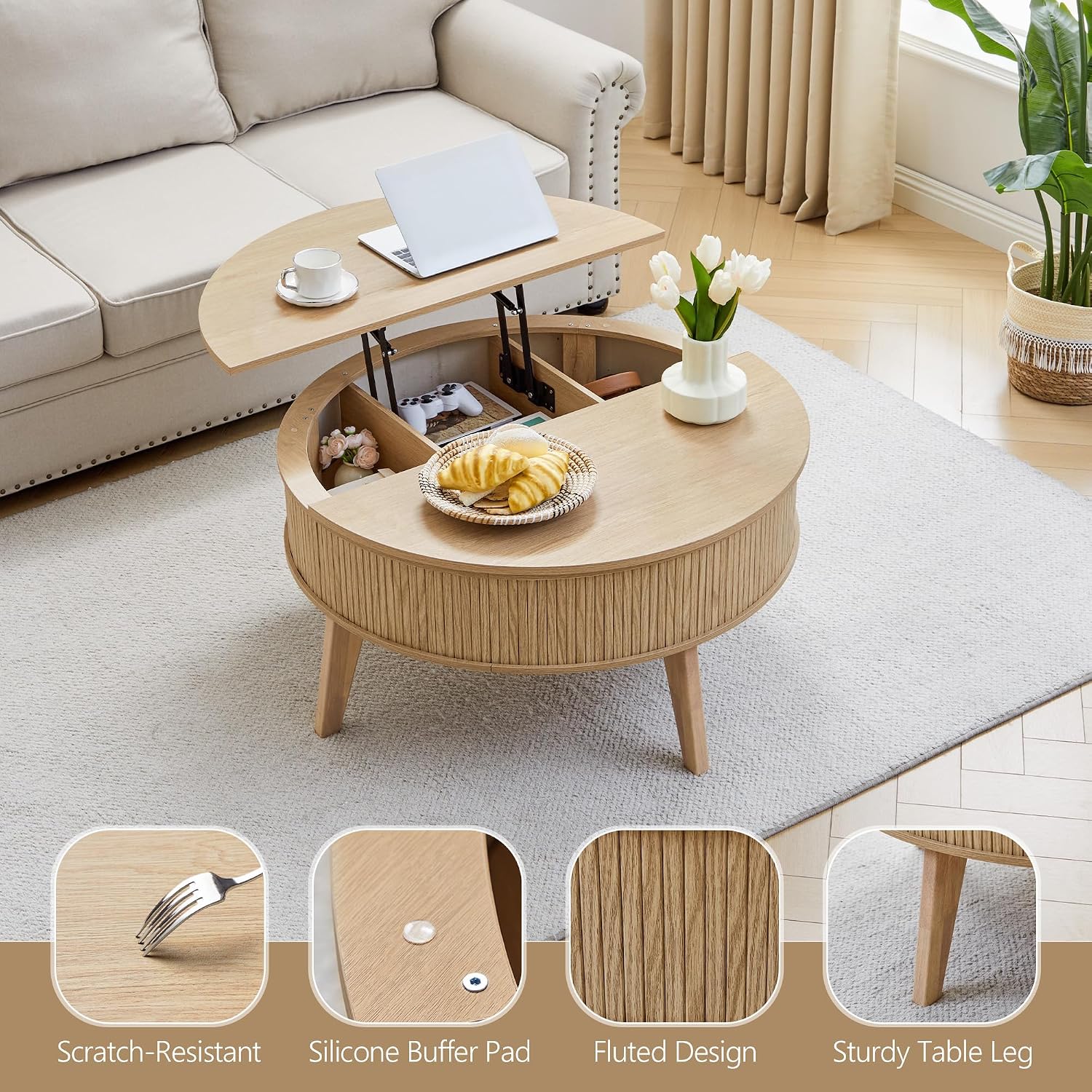 Round Lift Top Coffee Table with Storage, 35.4'' Fluted Wood Center Table Mid Century Modern Coffee Table with Lifting Top for Living Room, Office, Small Space (Natural)