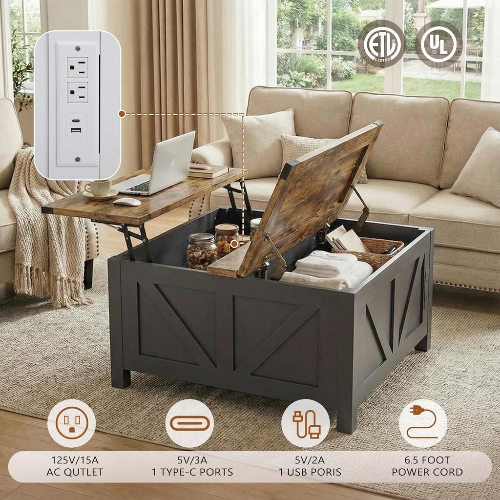 35' Farmhouse Coffee Table with Large Storage, Rustic Wood Lift Top Coffee Table for Living Room, Square Center Table with Charging Station&USB, Modern Port Pottery Barn Lift top Table