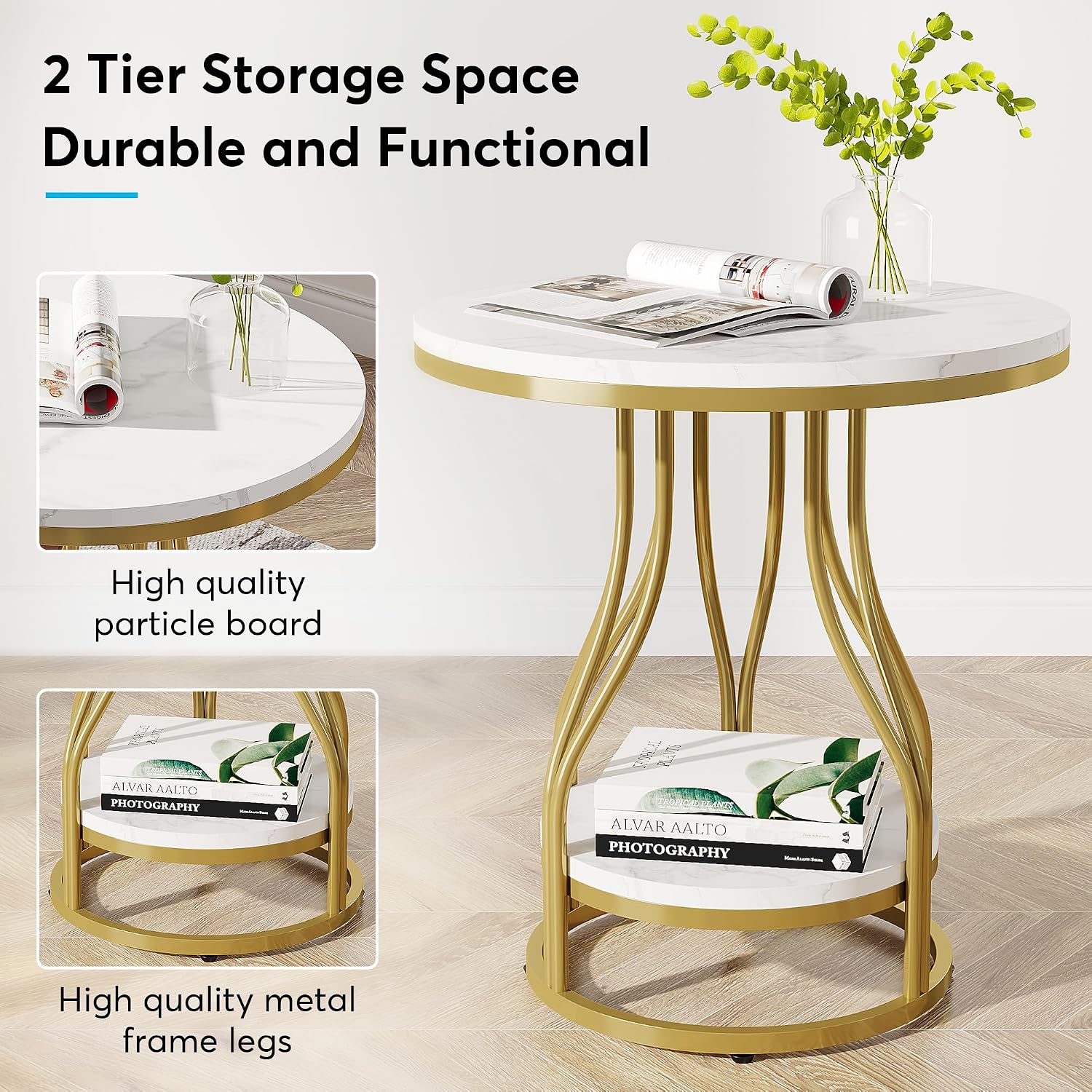Tribesigns Round Side End Table 2-Tier End Tables Modern Bedside Table Small Chairside Tables with Storage for Couch Side, Nightstand with Metal Frame for Living Room (2 pcs, White+Gold)