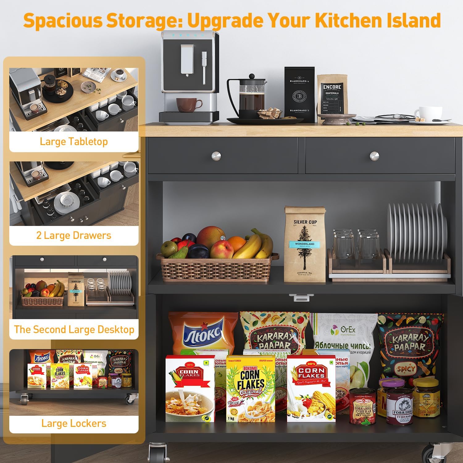 knoworld Rolling Kitchen Island with Storage Cabinet, 35.4'' Width Kitchen Cart, 2 Drawers Island Table, Portable Mobile Kitchen Island with Towel Rack, Wood Top and Lockable Wheels, Black