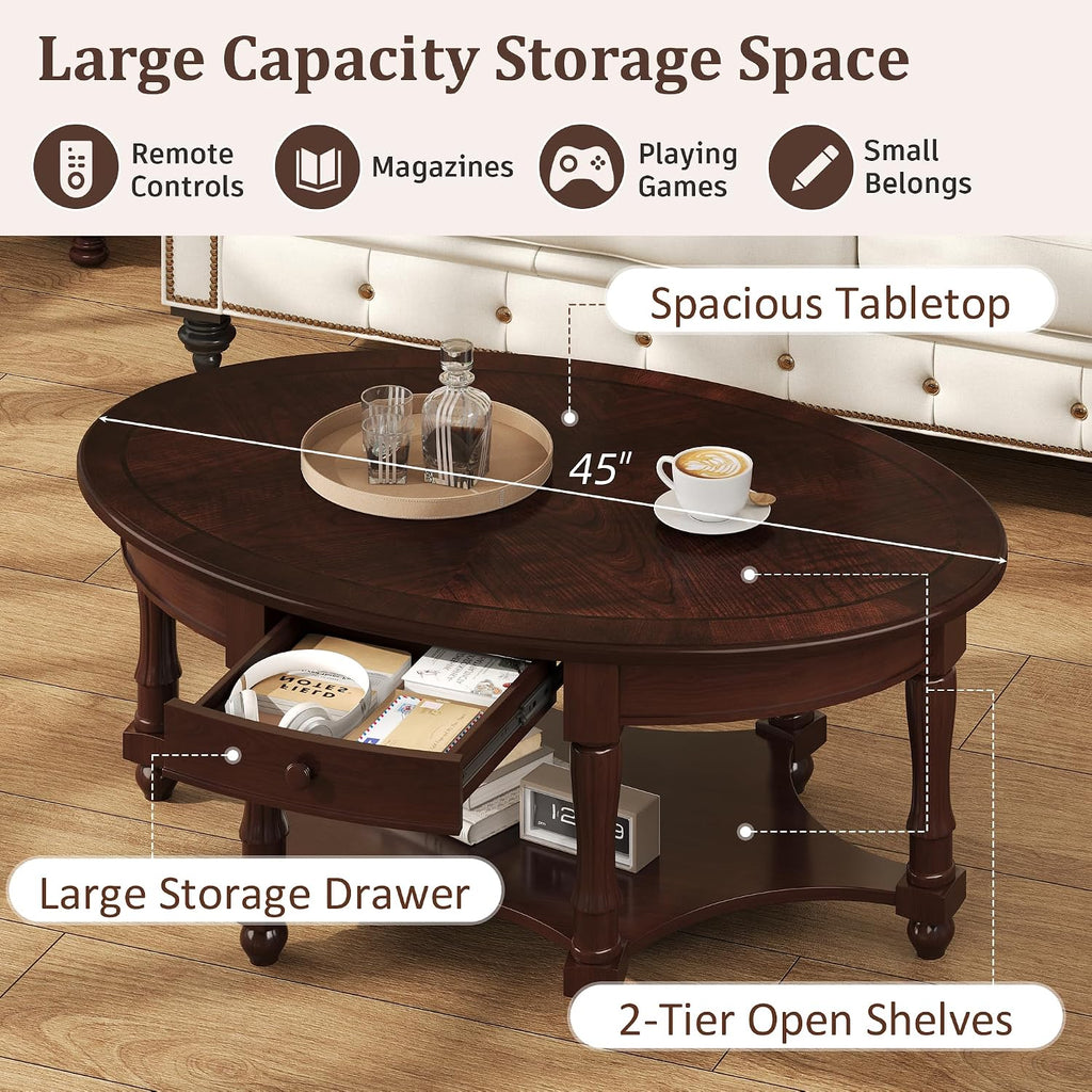 Merax 45' Vintage Oval Rubber Wood Coffee Table with Drawer and Storage Shelf, Antique Cocktail Tables, French Country Accent for Living Room, Walnut