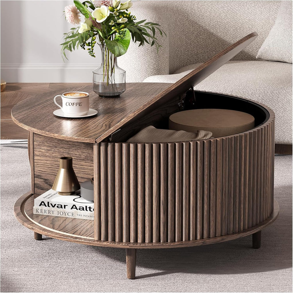 Round Coffee Table with Storage, 31.5' Mid Century Modern Coffee Table with Sliding Door & Solid Wood Legs, Minimalist Fluted Center Table for Living Room, Home Small Space, Walnut