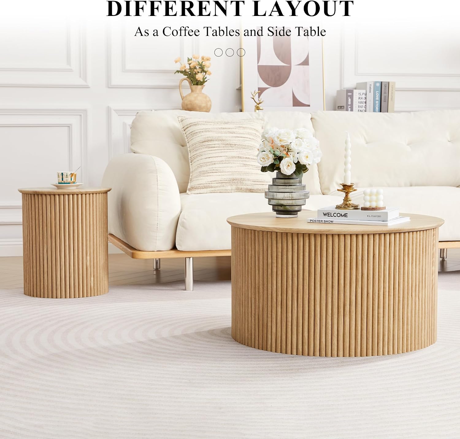 Fluted Round Nesting Coffee Table Set of 2, Mid Century Modern Wood Coffee Table and End Table Set, Minimalist Center Tables Circle Side Table for Living Room, Office(Natural)