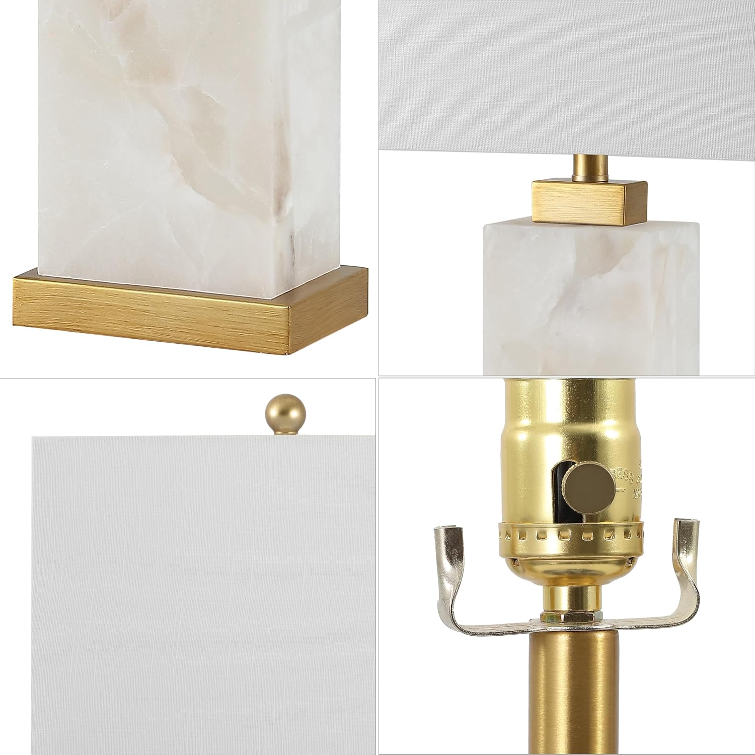 JONATHAN Y 27.5' White/Gold Modern Alabaster Rectangular Table Lamp with Night Light Contemporary Coastal Bedside Lamp for Bedroom with White Linen Shade LED Bulbs Included JYL6201A