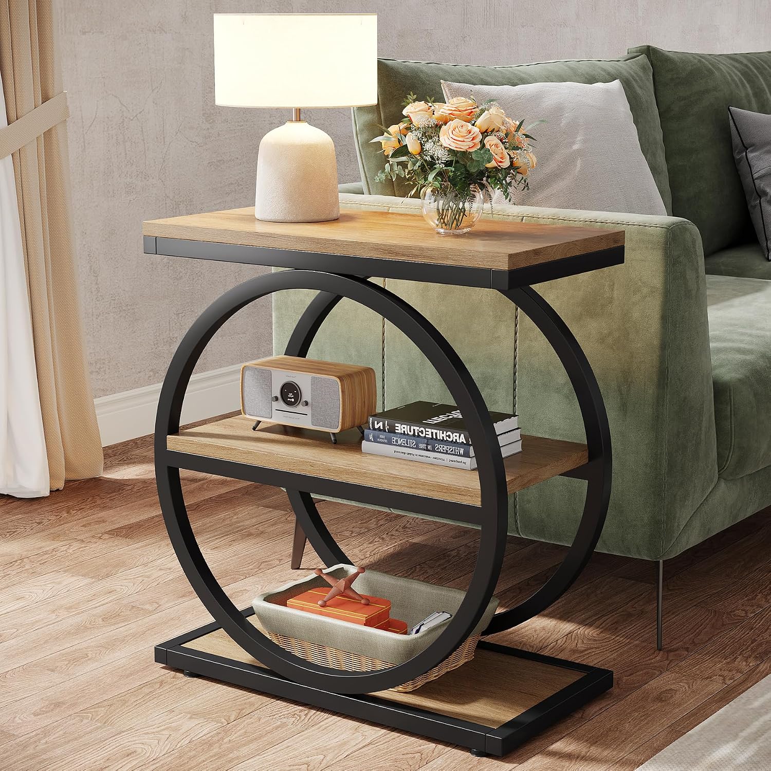 Tribesigns Side End Table with 3 Storage Shelves Set of 2, Industrial Sofa Table with Round Metal Frame for Living Room, Engineered Wood Nightstand for Bedroom, Oak