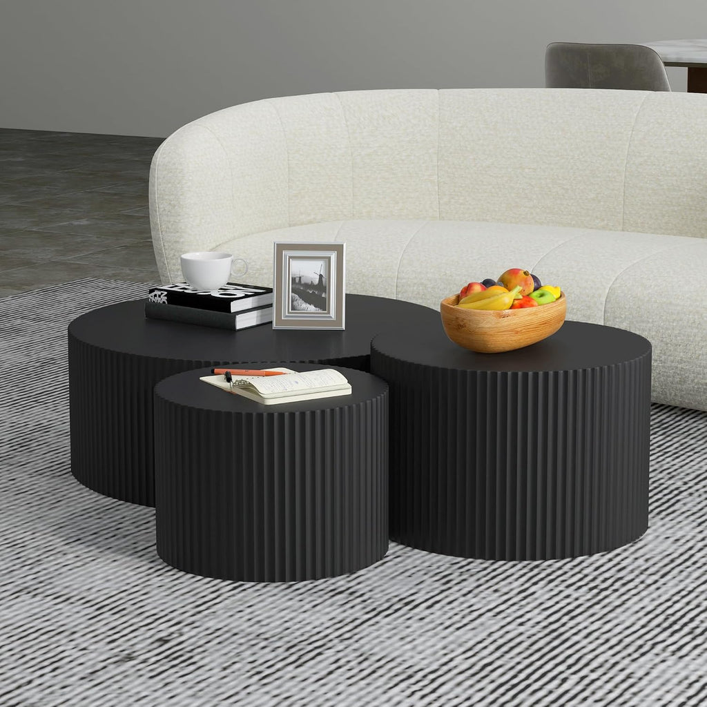 WILLIAMSPACE Black Round Coffee Table Set of 3, Modern Circle Wood Coffee Table Set, 3 Peice Nesting Coffee Accent Side Table End Table for Home Office, No Assembly (3 PCS, Black)