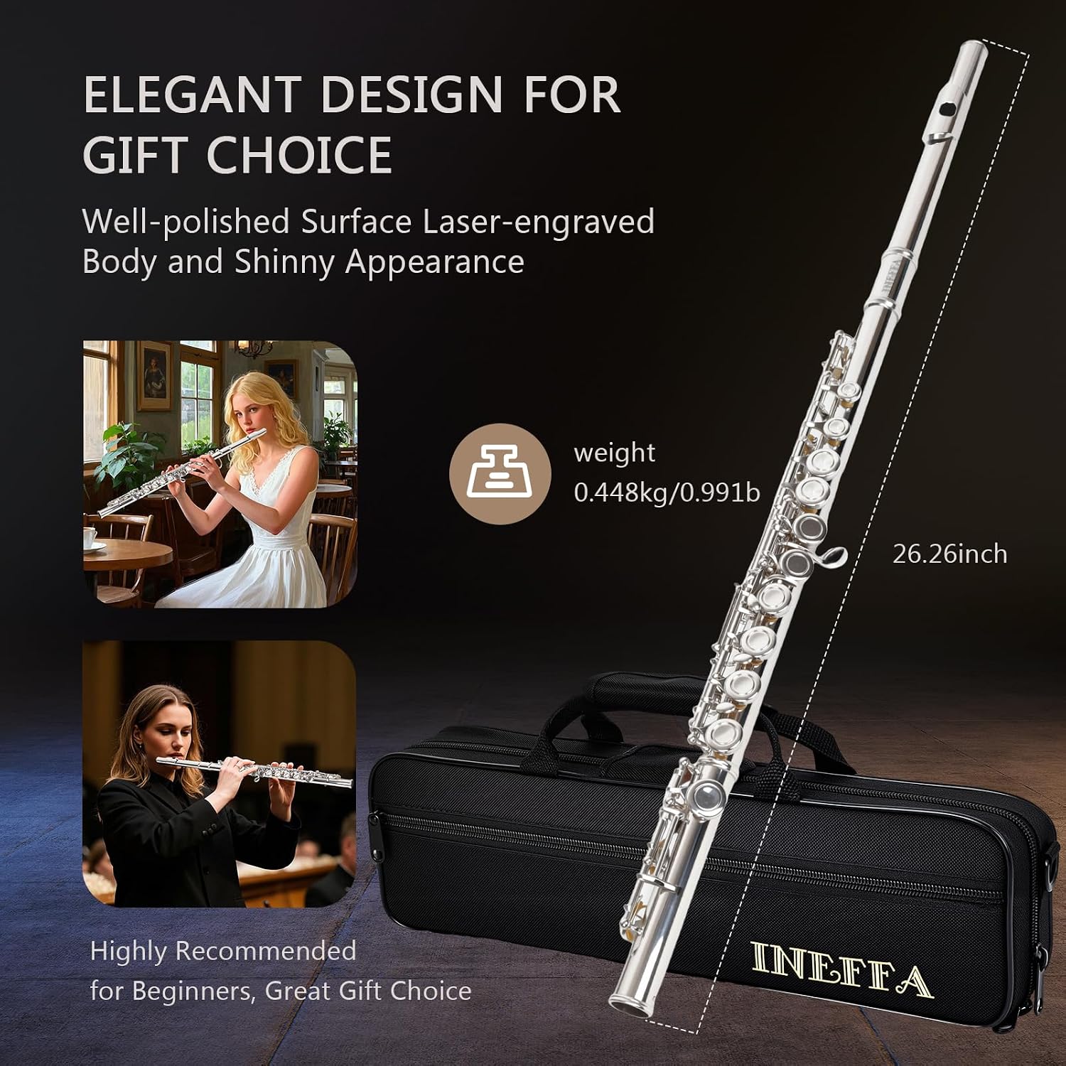 Professional Silver Plated C Flute for Beginners and All Levels, 16 Key Closed Hole with Ergonomic Design, Includes Carrying Case, Gloves, Cleaning Cloth, Tuning Rod, INEFFA