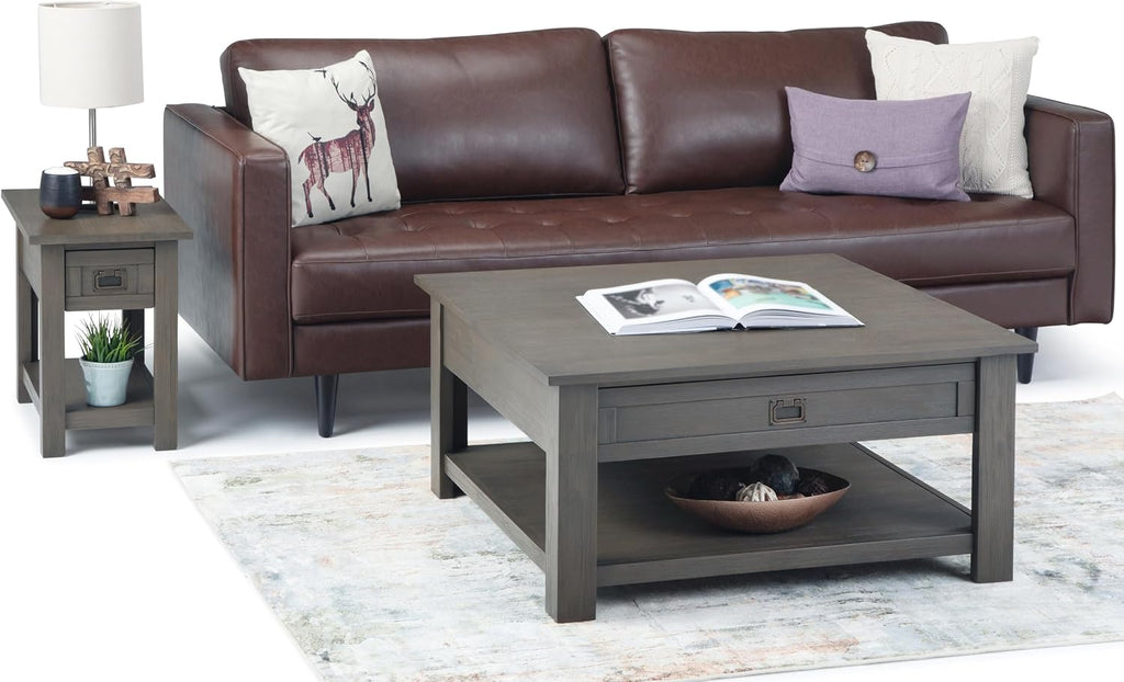 SIMPLIHOME Monroe Square Coffee Table - 38' Wide x 19' High Solid Acacia Wood Living Room Table in Farmhouse Grey, Rustic Cocktail Table for Family Room or Lounge with 2 Drawers and Open Shelf