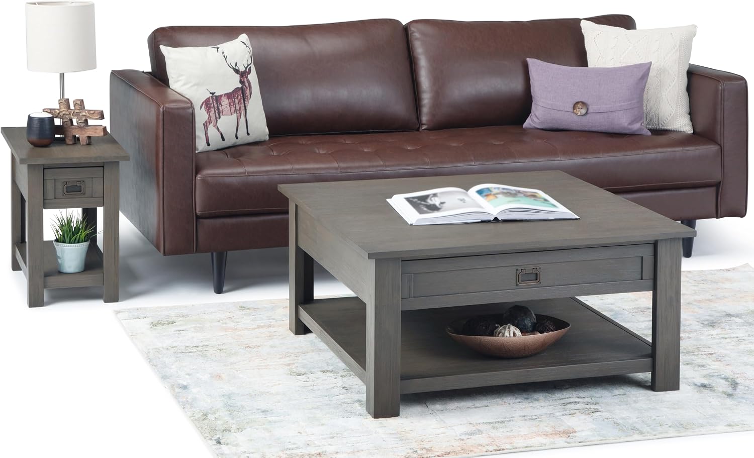 SIMPLIHOME Monroe Square Coffee Table - 38' Wide x 19' High Solid Acacia Wood Living Room Table in Farmhouse Grey, Rustic Cocktail Table for Family Room or Lounge with 2 Drawers and Open Shelf
