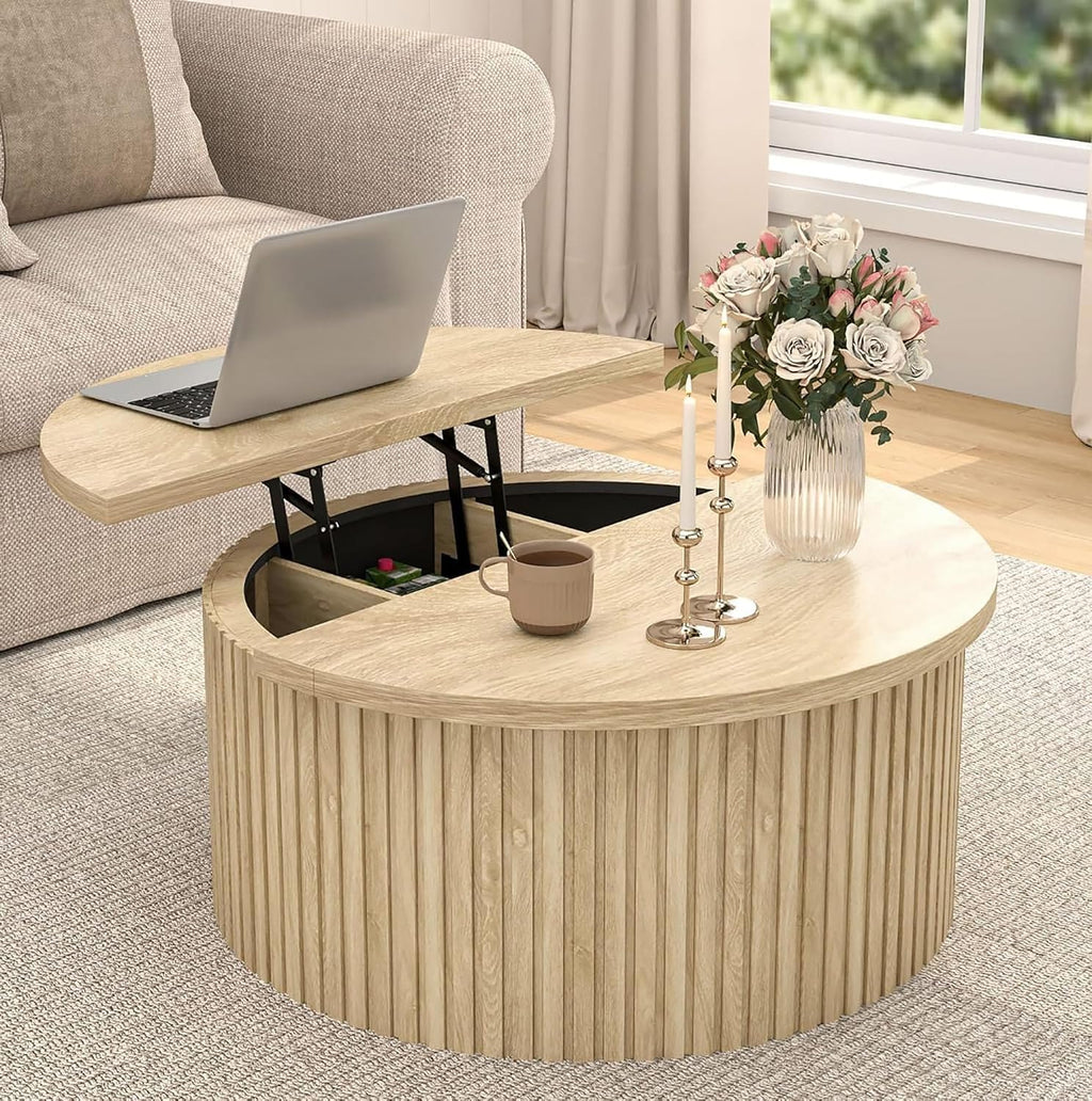 Fsbecl Fluted Lift Top Coffee Table with Storage, 34.6'' Round Coffee Tables for Living Room, Circle Wood Center Table with Hidden Conpartment (Wood Color)