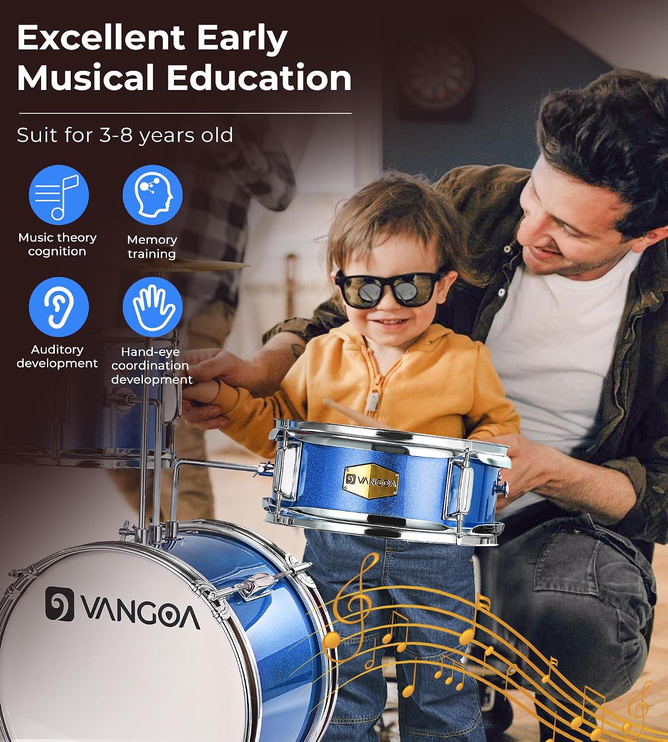Kids Drum Set, 14 Inch Beginner Drum Kits, 3 Piece Drum Set for Kids Boys Girls, with Adjustable Throne, Cymbal Pedal, Drumsticks, Blue