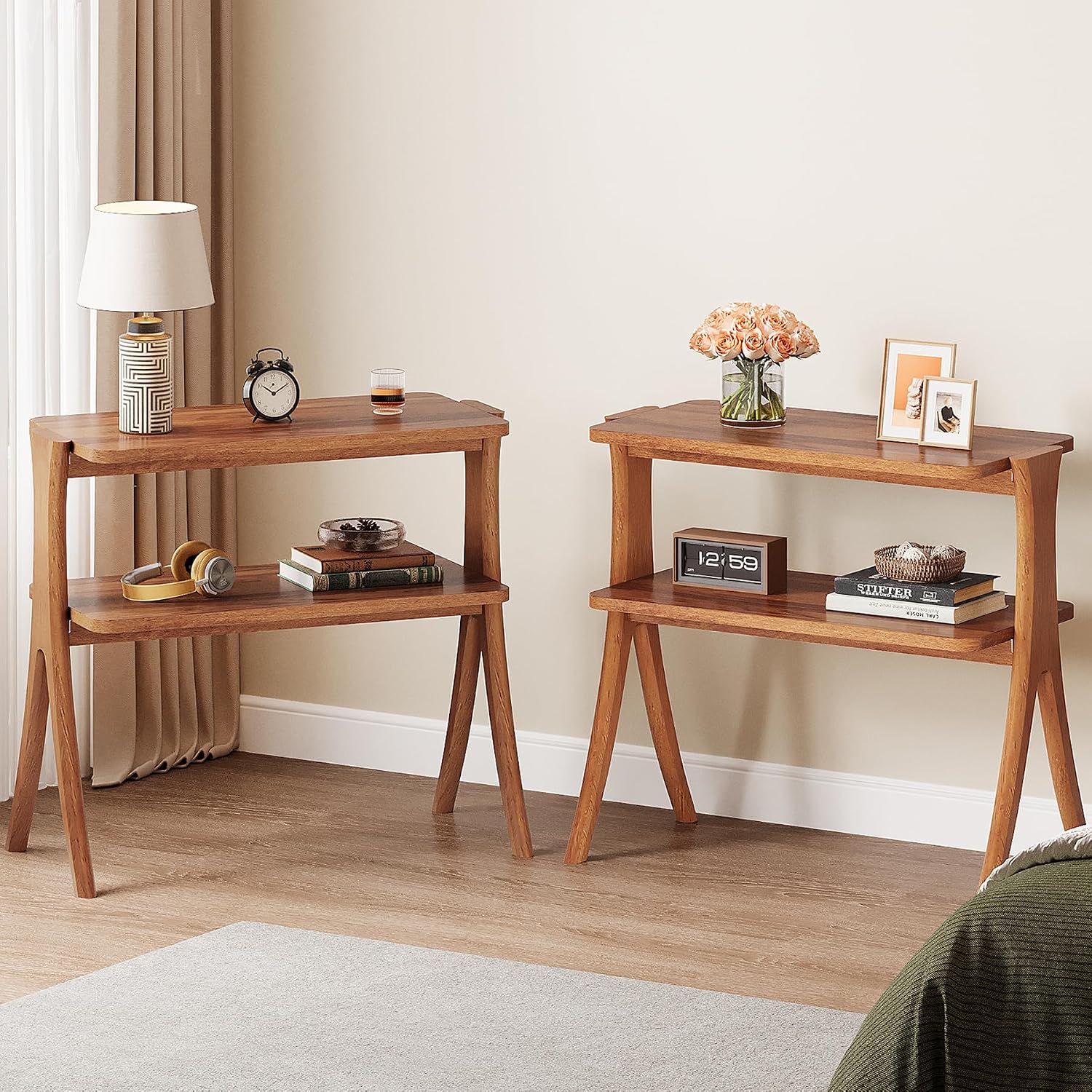 Tribesigns Walnut Side Table Set of 2, Narrow End Table with 2-Tier Storage Shelf and Solid Wood Legs, Slim Modern Bedside Table Nightstand for Living Room, Bedroom, Small Spaces (2)