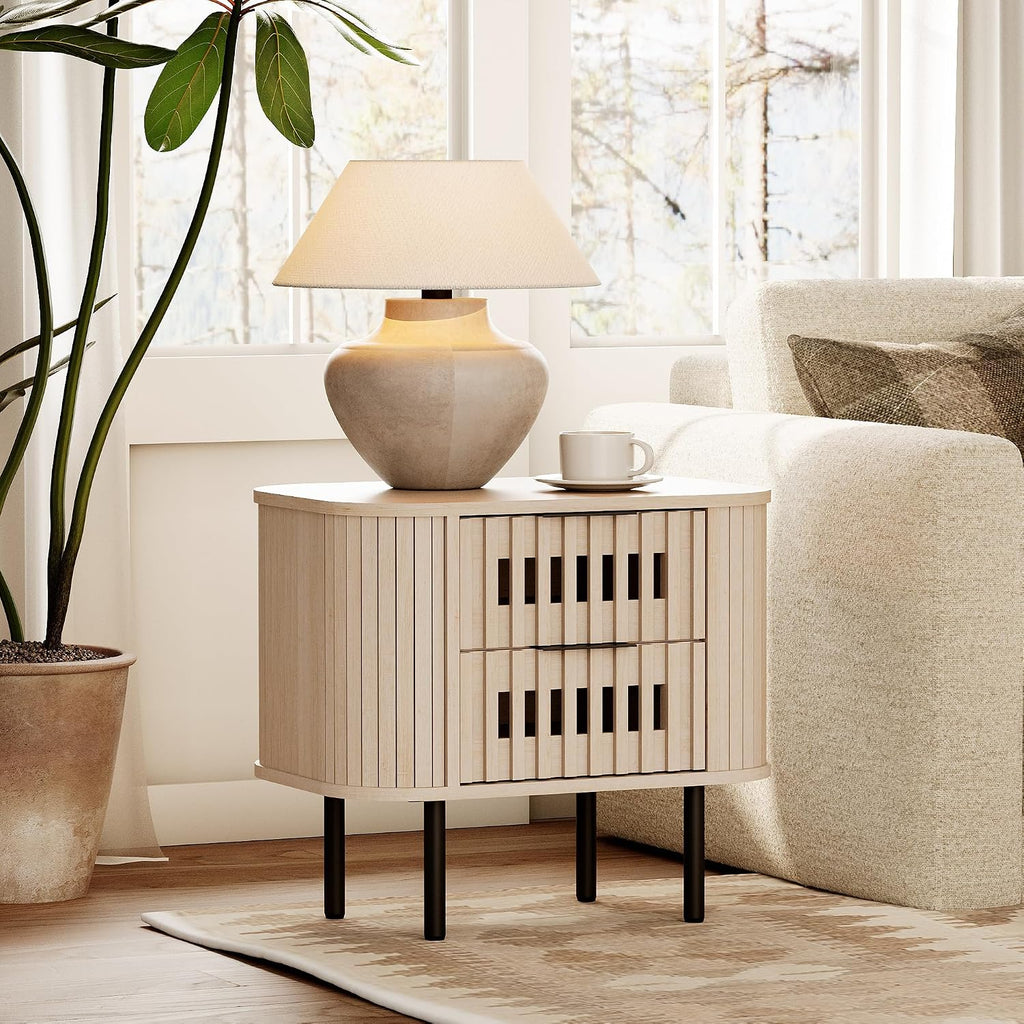 WAMPAT Fluted Nightstand, Modern Wooden End Table with 2 Drawer, Storage Bedside Table for Bedroom and Living Room, Natural, 1 Pack