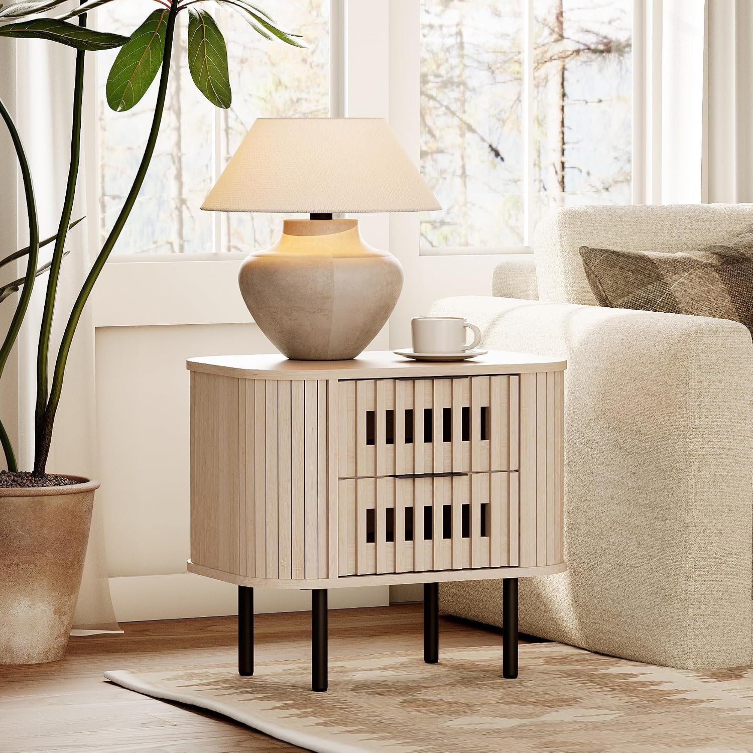 WAMPAT Fluted Nightstand, Modern Wooden End Table with 2 Drawer, Storage Bedside Table for Bedroom and Living Room, Natural, 1 Pack