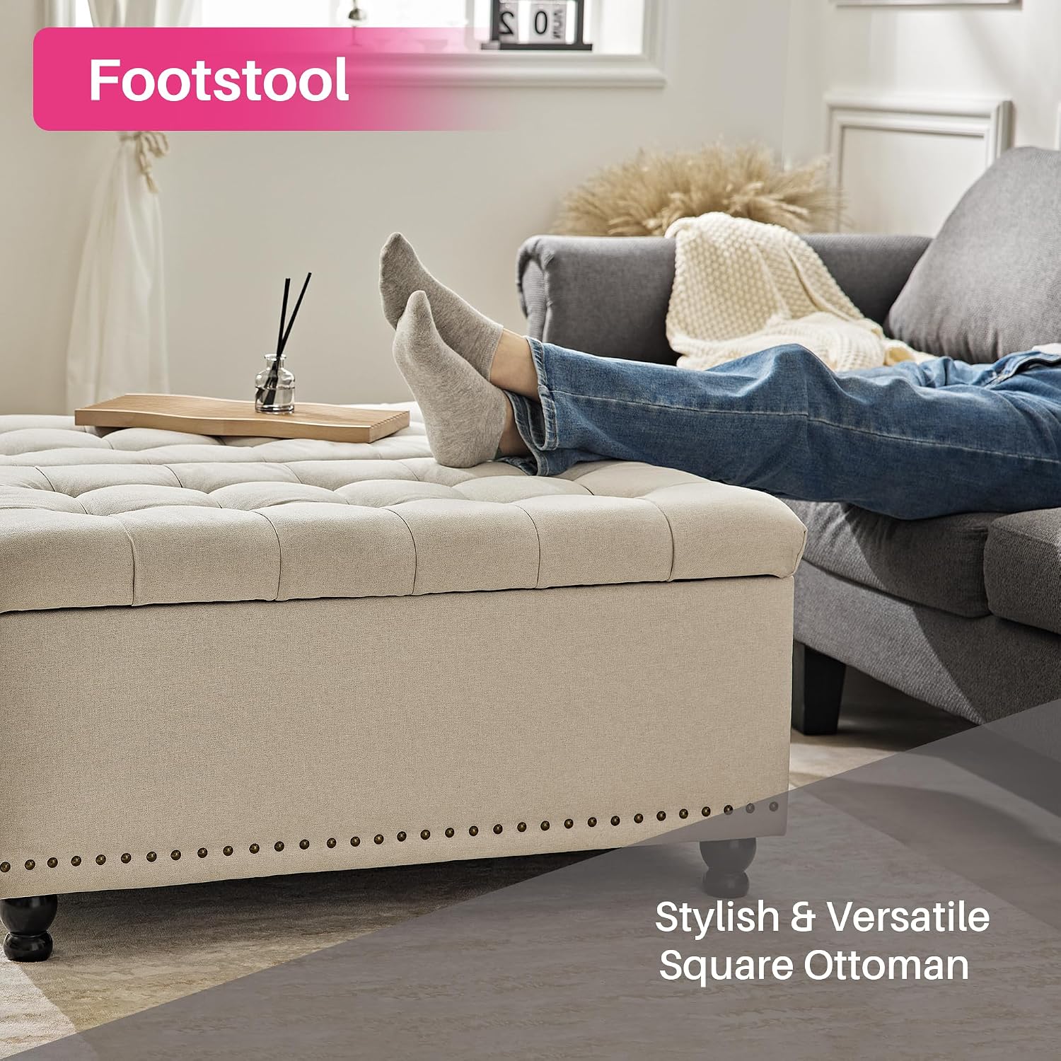 Redlife 35 Inch Large Square Storage Ottoman, Storage Ottoman Coffee Table with Lift Top Linen Ottomans Bench Square Footrest Oversized Upholstered Coffee Table for Living Room Bedroom (Beige)