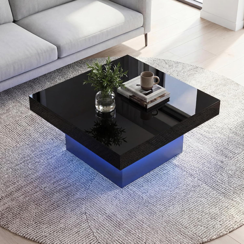 GOFLAME LED Coffee Table for Living Room, 35.5' Square Center Table with Storage, Adjustable Light Colors, Speed & Brightness, Remote Control, Modern High Glossy, Wooden Accent Tea Tables (Black)