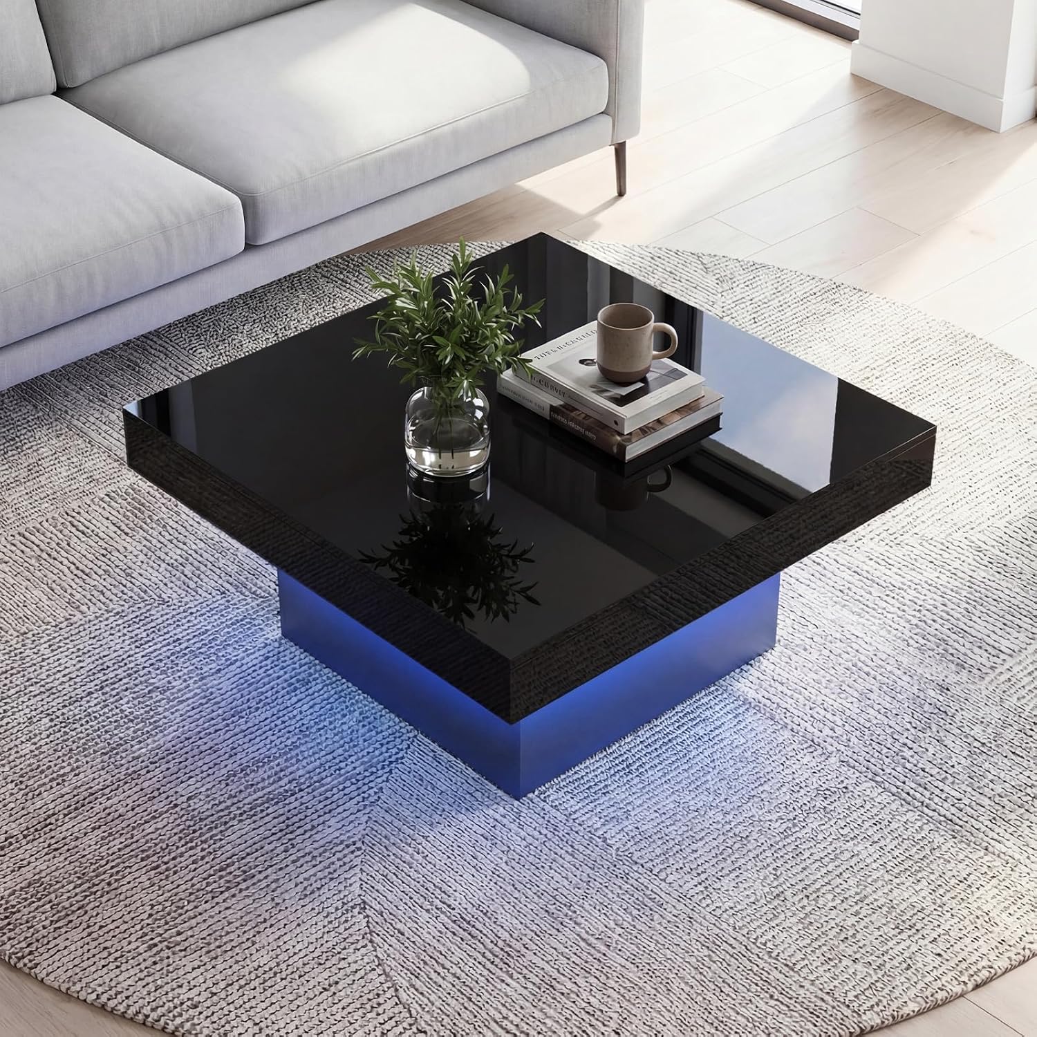 GOFLAME LED Coffee Table for Living Room, 35.5' Square Center Table with Storage, Adjustable Light Colors, Speed & Brightness, Remote Control, Modern High Glossy, Wooden Accent Tea Tables (Black)