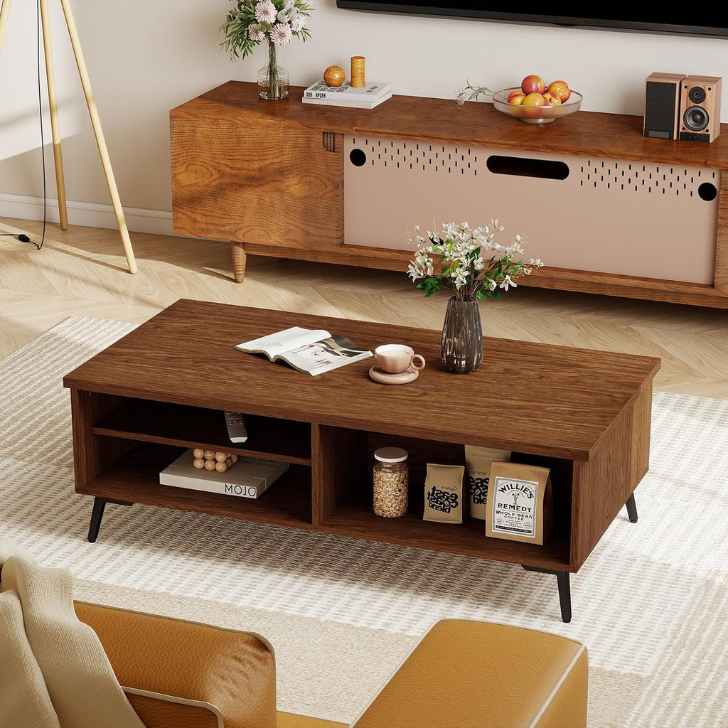 Giantex Mid Century Modern Coffee Table, 2-Tier Wood Rectangular Center Table with Storage Shelves, Compartments & Metal Legs, Vintage Living Room Tables for Reception (Walnut)