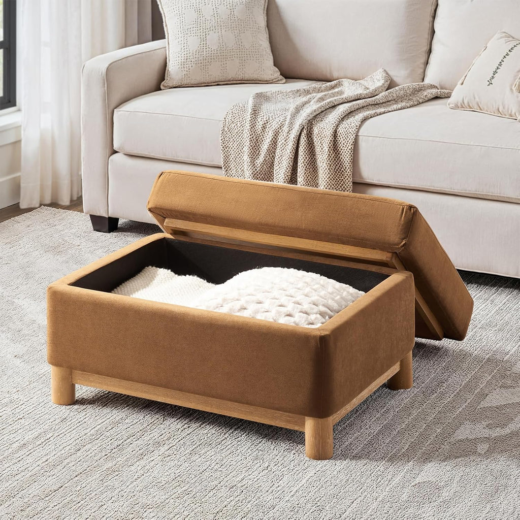 HULALA HOME 30.25' Ottoman Coffee Table with Reversible Tray Lid, Modern Upholstered Storage Ottoman with Solid Wood Base, Removable Top, Footrest and Extra Seating for Bedroom or Living Room, CARAMEL